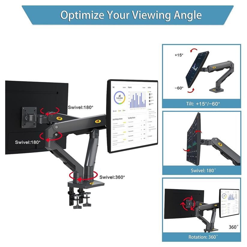 NB G35 22-32 inch Full Swivel Dual Gas Strut Arm Monitor Desk Stand with Desktop Pedestal Mount, Universal LCD, LED Flat Screen Smart TV, PC Monitor Mounting Bracket - Image 4