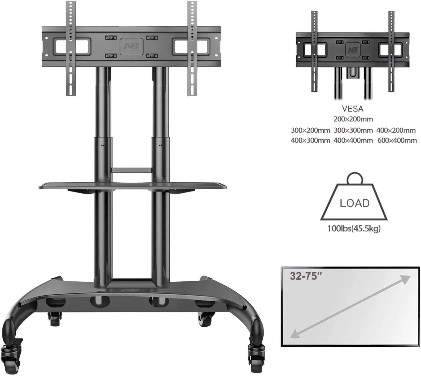 NB Ava1500-60-1p Height Adjustable Heavy Duty Mobile Cart Stand with - Image 4