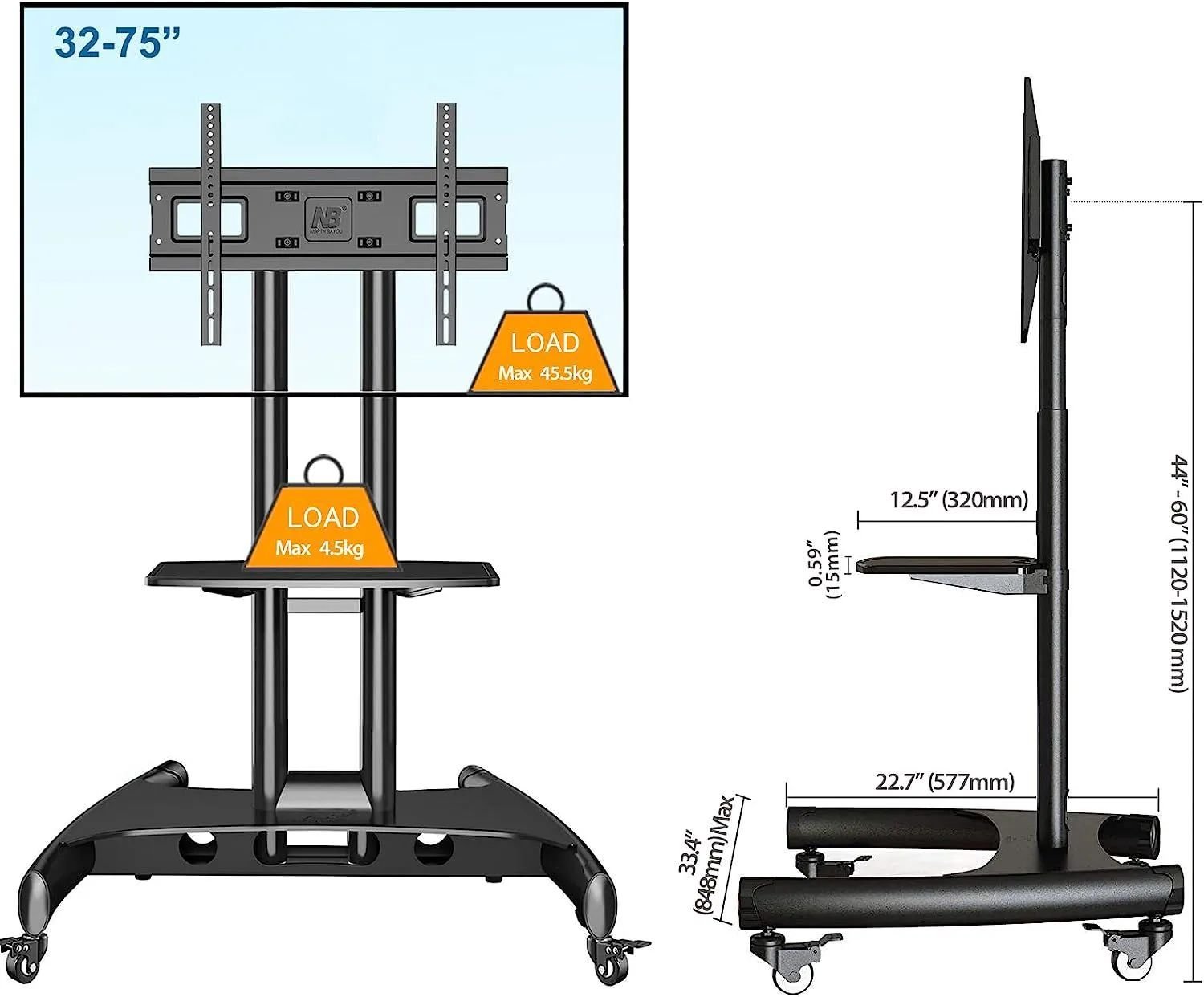 NB Ava1500-60-1p Height Adjustable Heavy Duty Mobile Cart Stand with - Image 3