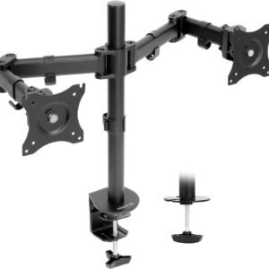 LB-T022 Double Screen Stand, Fully Adjustable Computer Monitor Desk Clip Arms, Fits Most Monitors Up To 32 KG Max 100 X 100 VESA, Rotation & Tilt, Black