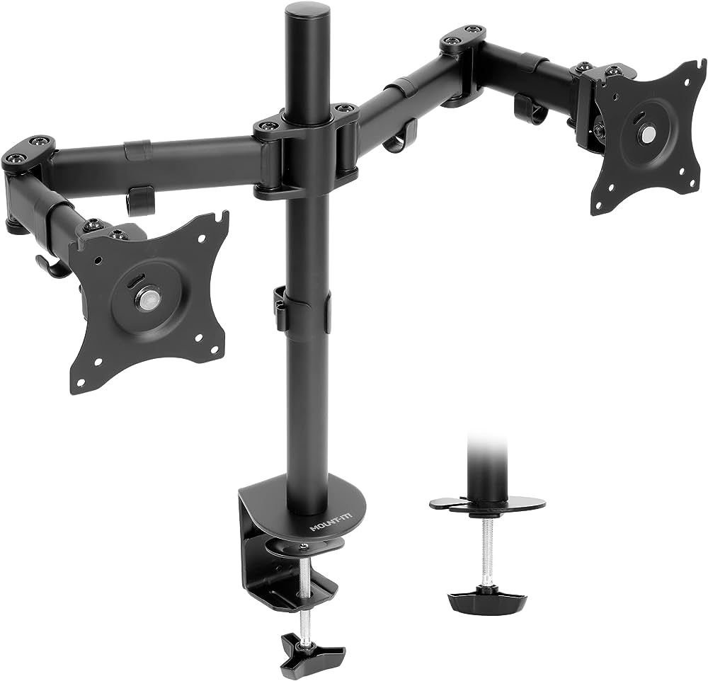 LB-T022 Double Screen Stand, Fully Adjustable Computer Monitor Desk Clip Arms, Fits Most Monitors Up To 32 KG Max 100 X 100 VESA, Rotation & Tilt, Black