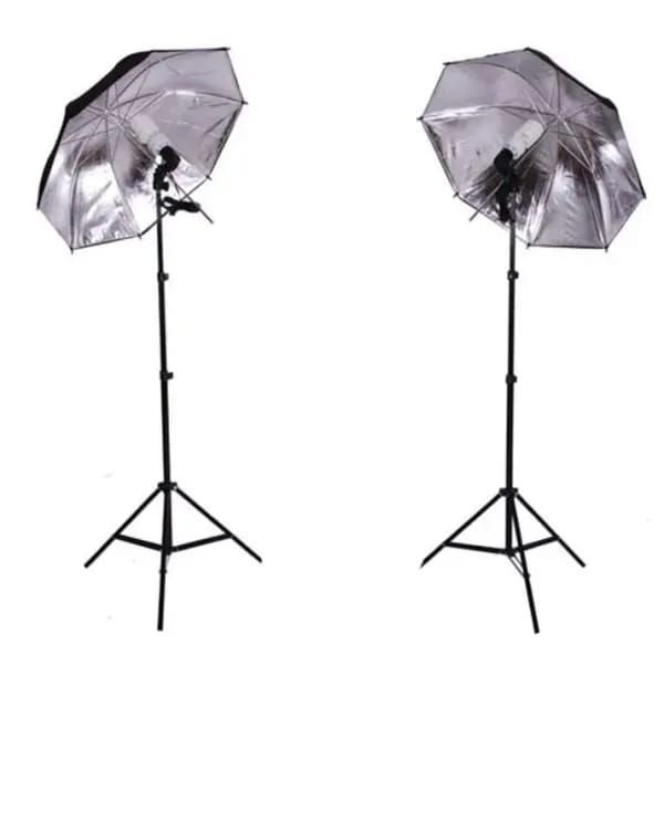 Combo Pack Of 2 Sets - Light Stand Studio Umbrella Continuous Lighting Kit, Umbrellas Bulb Holders & Stands Silver